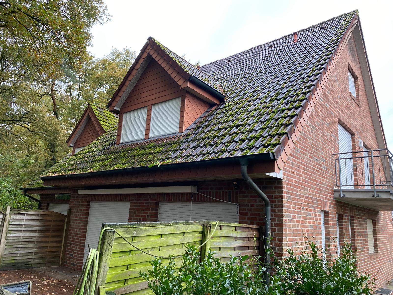 Dachreinigung Lingen Vorher - Starker Moosbewuchs auf dem Hausdach